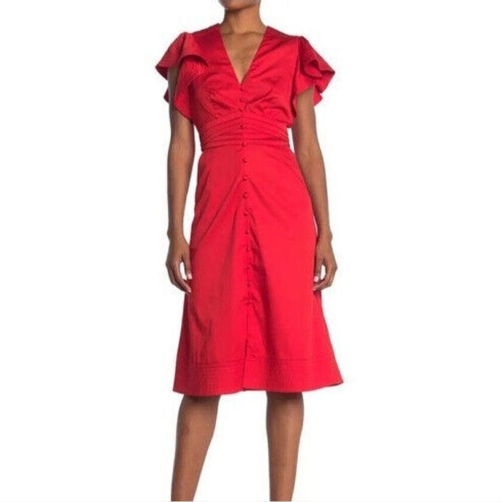 Veronica Beard Sada Midi Dress Red 2 Midi Ruffle Sleeve $595 Wedding Glam Tea